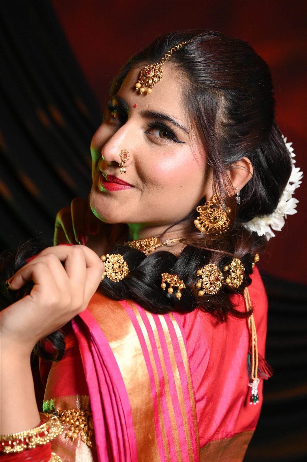 Bridal makeup close-up, upward gaze
