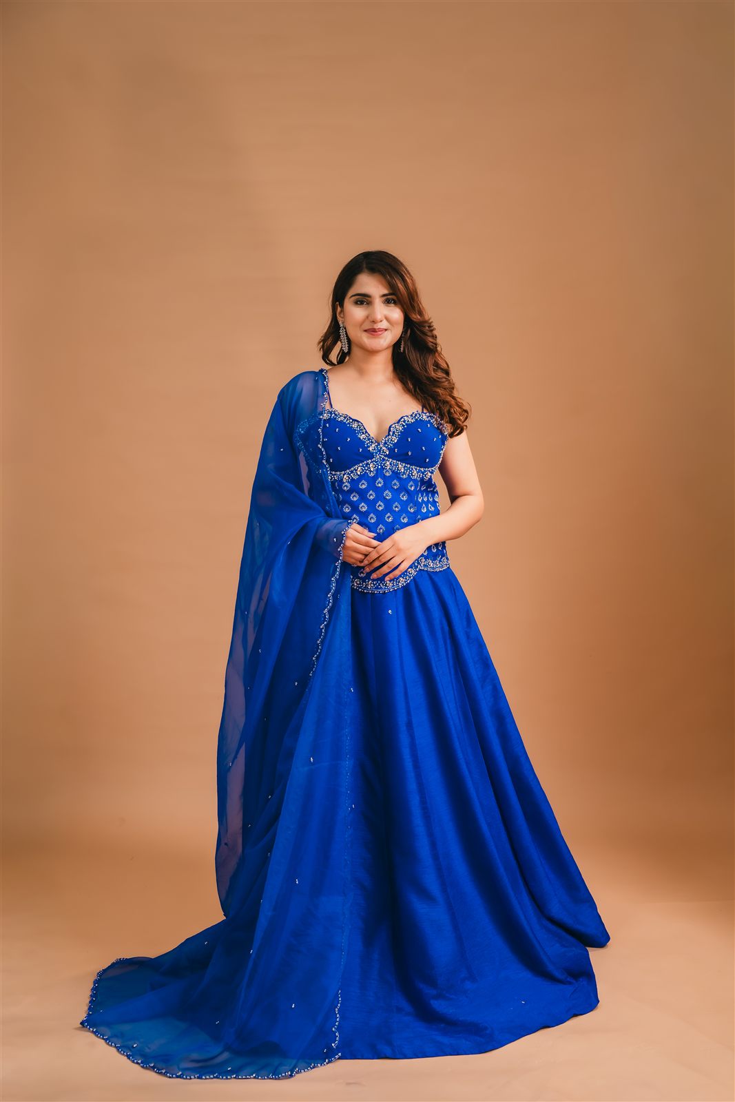 Royal blue gown with dupatta, front-facing