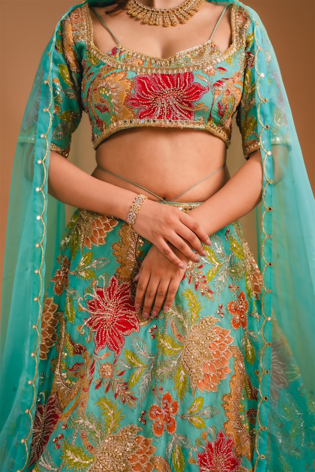 Teal floral embroidered lehenga, detail