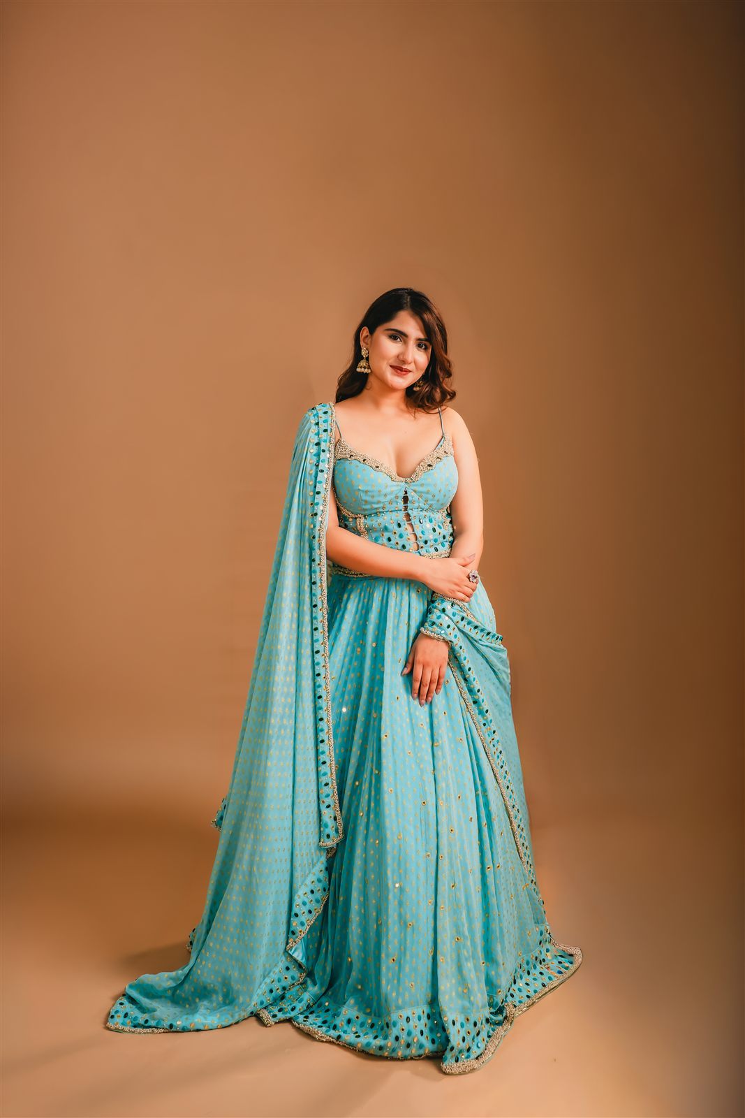 Turquoise mirror-work lehenga with dupatta, full length