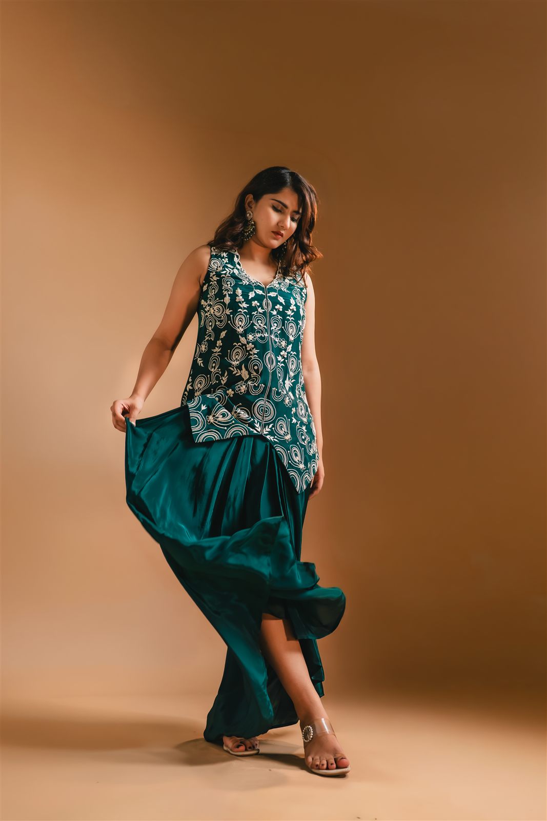 Teal embroidered top and satin skirt